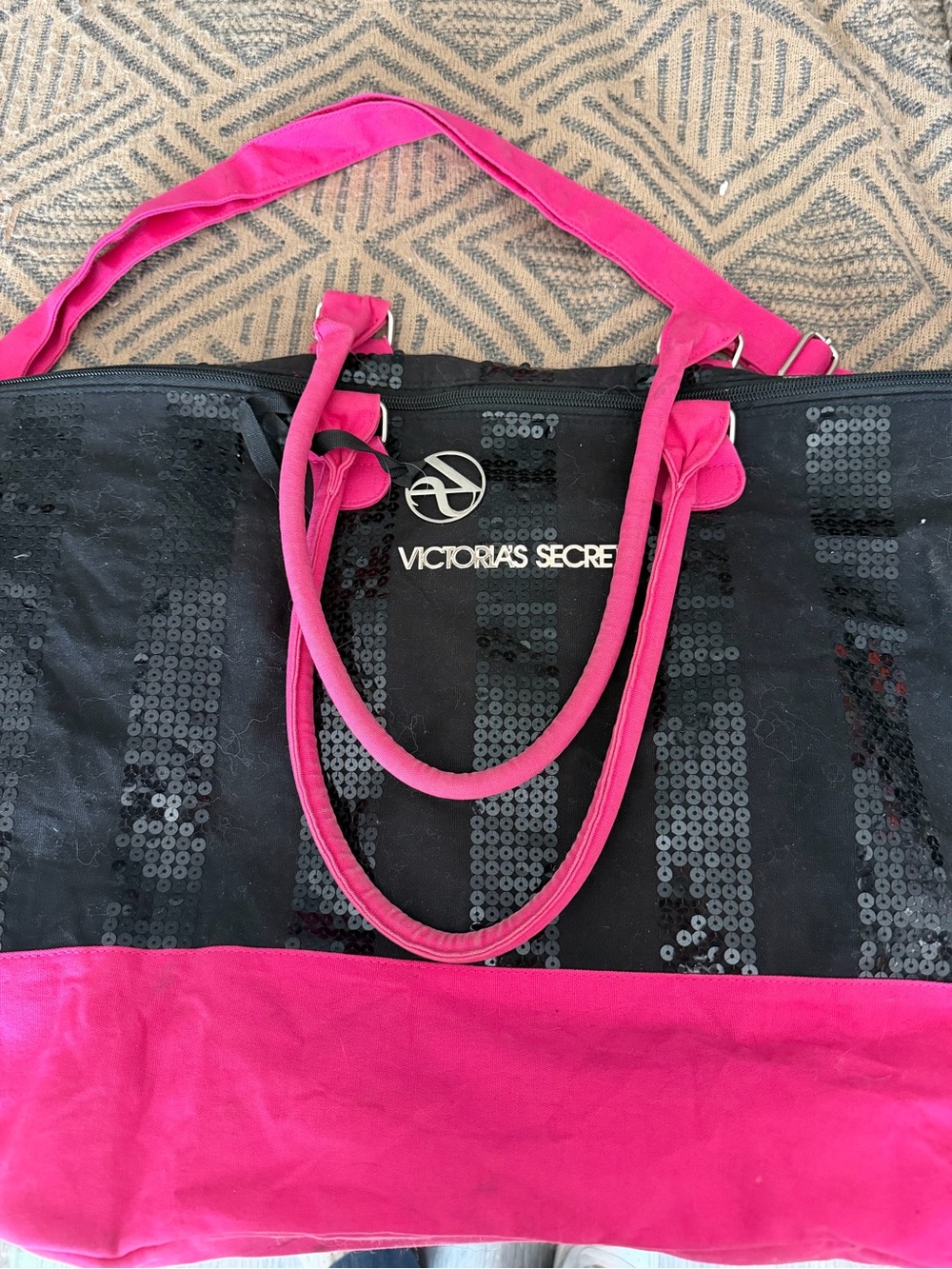 Victoria's Secret Black Sequin Tote with Hot Pink Trim